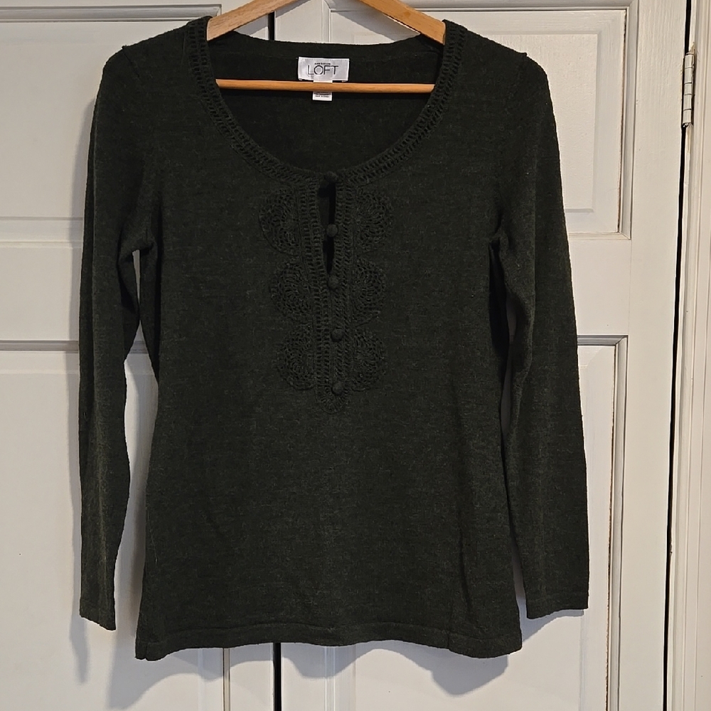 LOFT Dark Olive Green Long Sleeve Knit Top with Crochet Placket